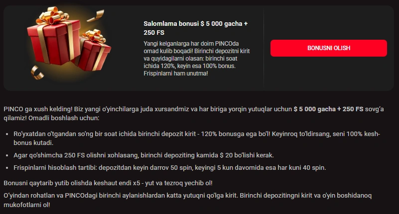 Pinco bet bonus — 250 free spins va ilk depozit taklifi